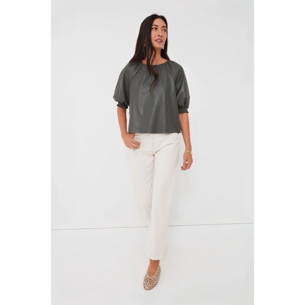 SAYLOR Juana Top Faux Leather Sage Gray Puff Sleeves Solid Streetwear Large
